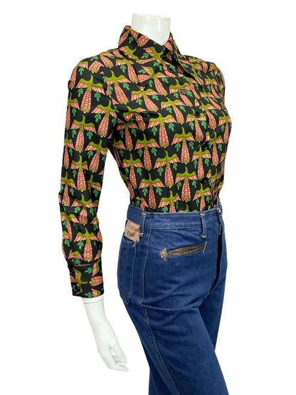 VTG 60S 70S BLACK PINK GREEN BEIGE MOD DAGGER BIRD PEACOCK PHOENIX SHIRT 8