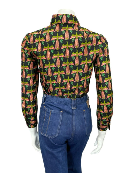 VTG 60S 70S BLACK PINK GREEN BEIGE MOD DAGGER BIRD PEACOCK PHOENIX SHIRT 8