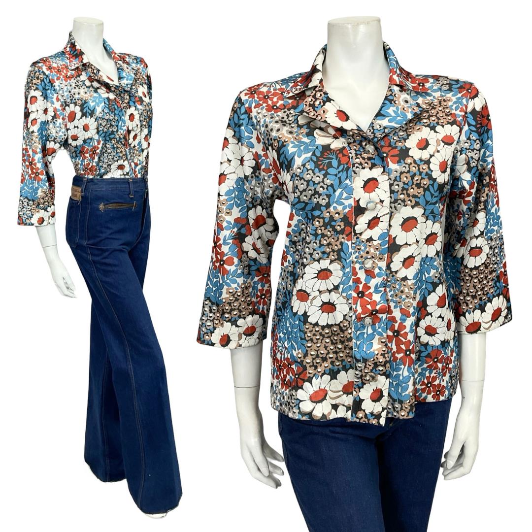 VTG 60S 70S JAPANESE BLUE WHITE BROWN BLACK FLORAL CROPPED SLEEVE SHIRT 12