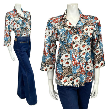 VTG 60S 70S JAPANESE BLUE WHITE BROWN BLACK FLORAL CROPPED SLEEVE SHIRT 12