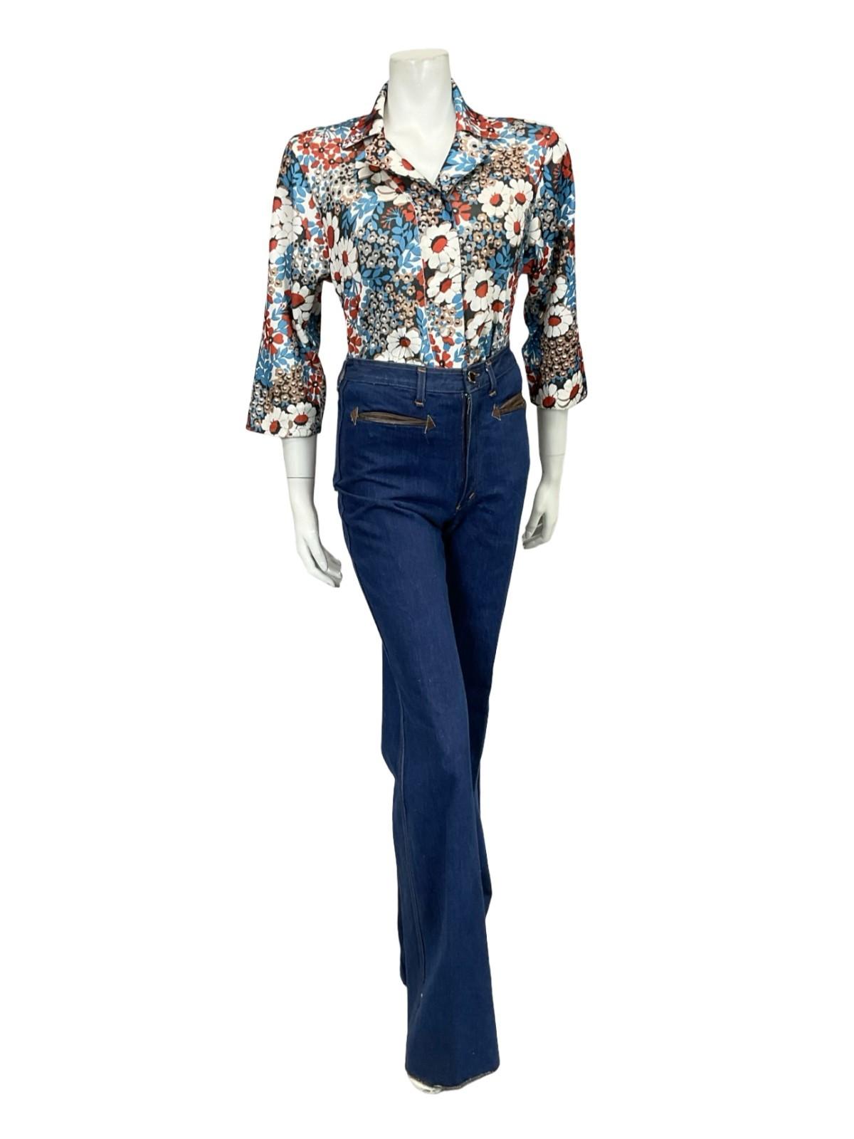 VTG 60S 70S JAPANESE BLUE WHITE BROWN BLACK FLORAL CROPPED SLEEVE SHIRT 12