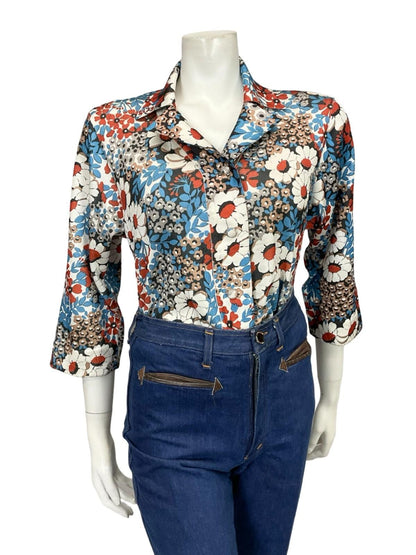 VTG 60S 70S JAPANESE BLUE WHITE BROWN BLACK FLORAL CROPPED SLEEVE SHIRT 12