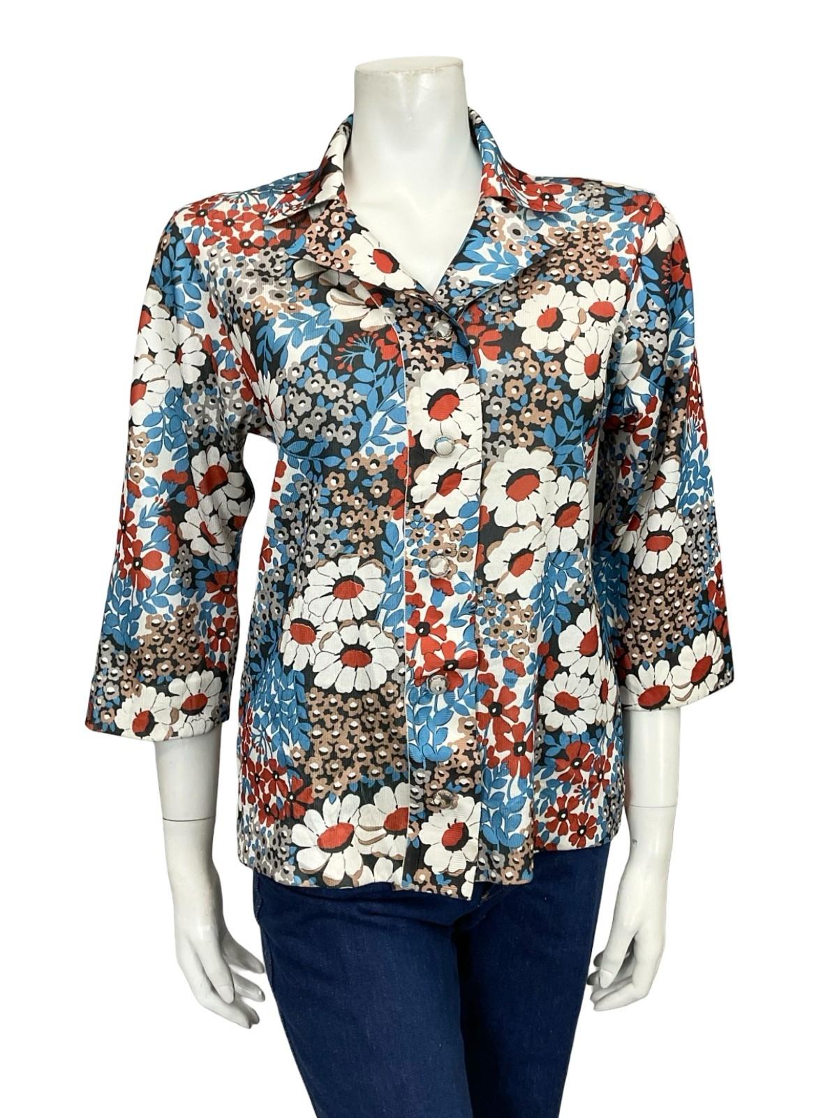 VTG 60S 70S JAPANESE BLUE WHITE BROWN BLACK FLORAL CROPPED SLEEVE SHIRT 12