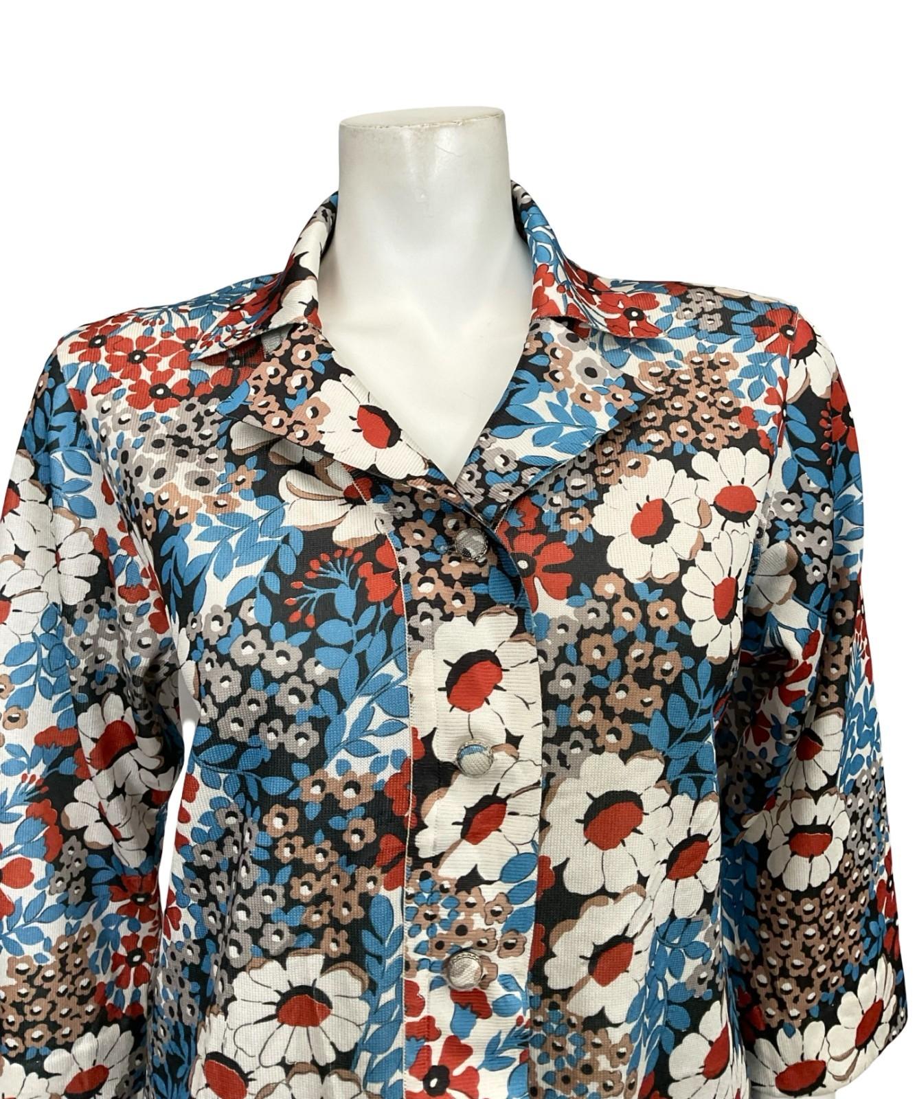 VTG 60S 70S JAPANESE BLUE WHITE BROWN BLACK FLORAL CROPPED SLEEVE SHIRT 12