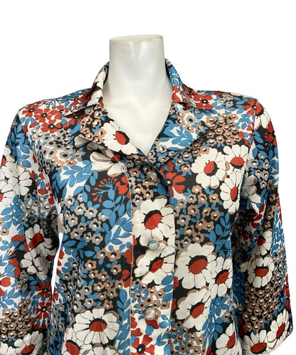 VTG 60S 70S JAPANESE BLUE WHITE BROWN BLACK FLORAL CROPPED SLEEVE SHIRT 12