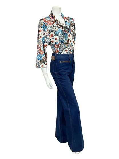 VTG 60S 70S JAPANESE BLUE WHITE BROWN BLACK FLORAL CROPPED SLEEVE SHIRT 12