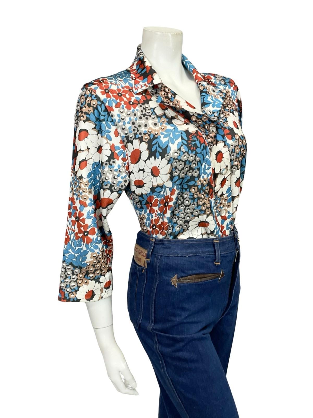 VTG 60S 70S JAPANESE BLUE WHITE BROWN BLACK FLORAL CROPPED SLEEVE SHIRT 12