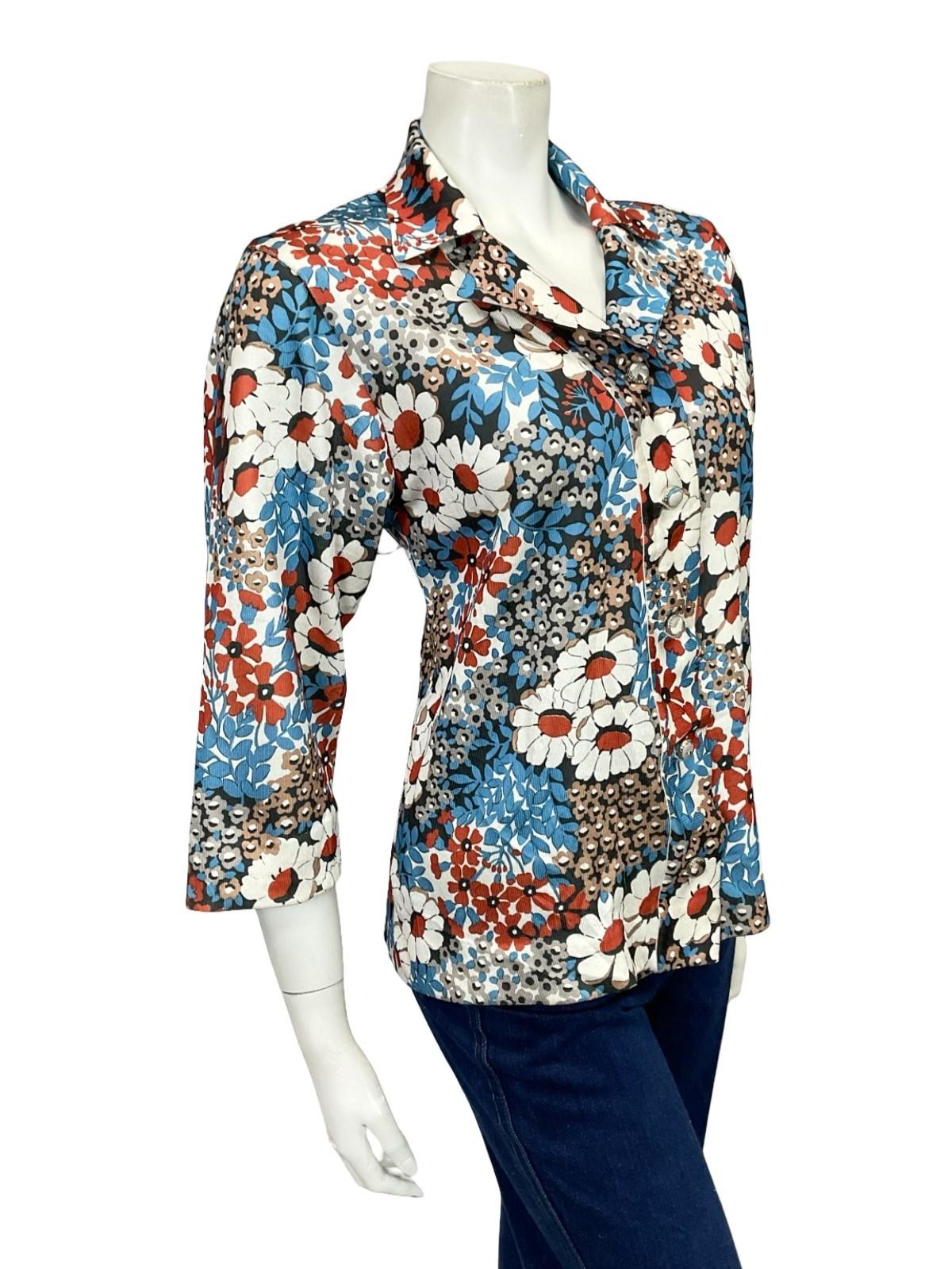 VTG 60S 70S JAPANESE BLUE WHITE BROWN BLACK FLORAL CROPPED SLEEVE SHIRT 12