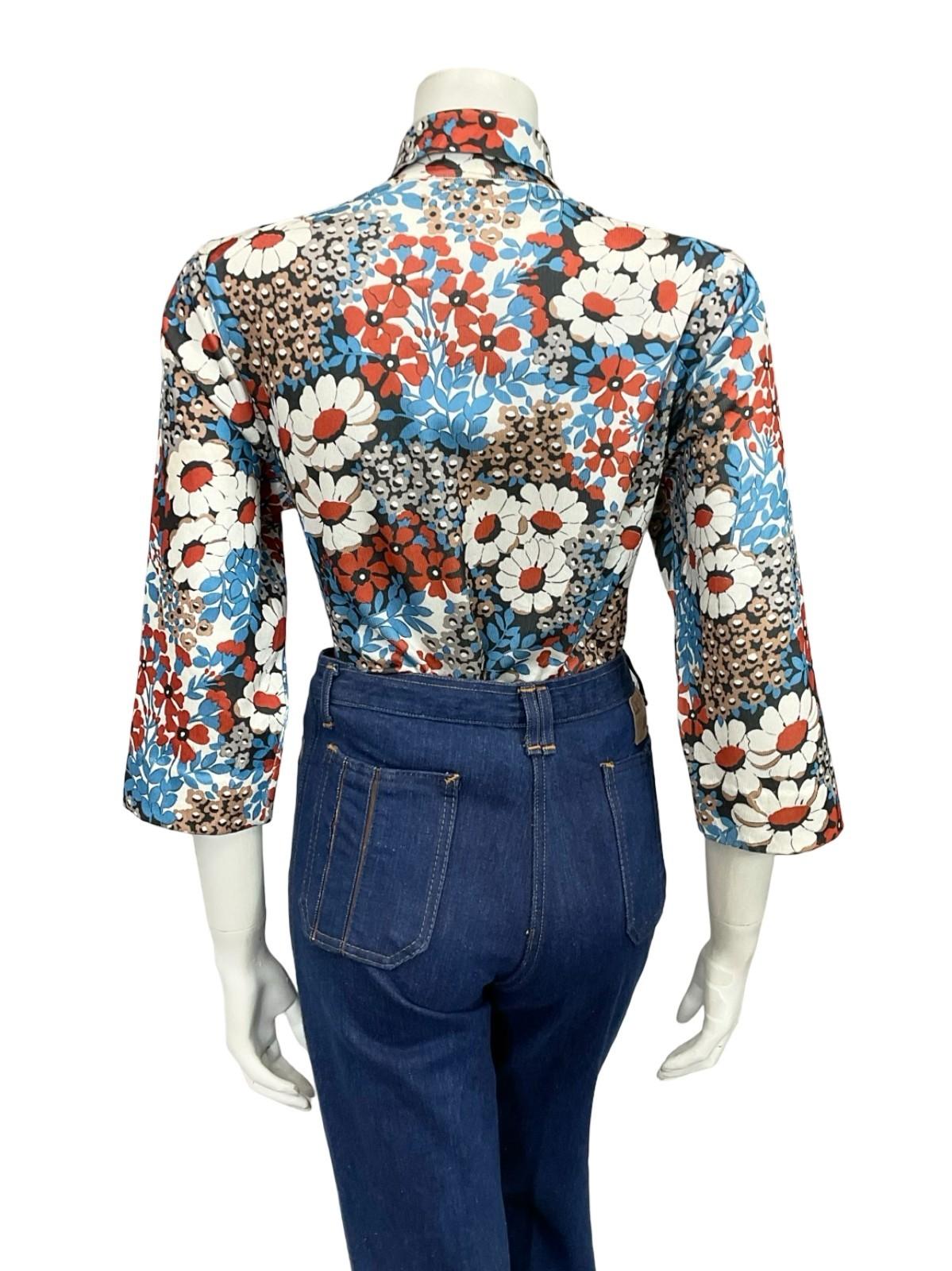 VTG 60S 70S JAPANESE BLUE WHITE BROWN BLACK FLORAL CROPPED SLEEVE SHIRT 12