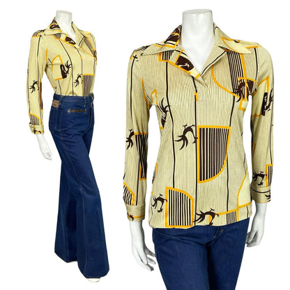 VTG 60S 70S JAPANESE YELLOW BROWN GEOMETRIC STRIPED ROOSTER DAGGER SHIRT 10