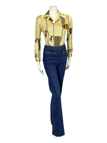 VTG 60S 70S JAPANESE YELLOW BROWN GEOMETRIC STRIPED ROOSTER DAGGER SHIRT 10