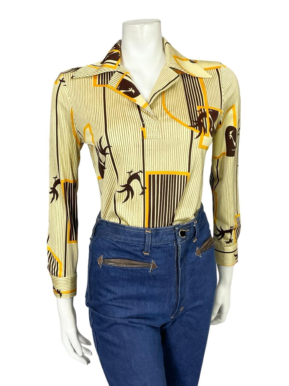 VTG 60S 70S JAPANESE YELLOW BROWN GEOMETRIC STRIPED ROOSTER DAGGER SHIRT 10