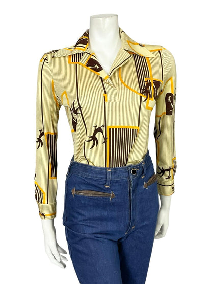 VTG 60S 70S JAPANESE YELLOW BROWN GEOMETRIC STRIPED ROOSTER DAGGER SHIRT 10