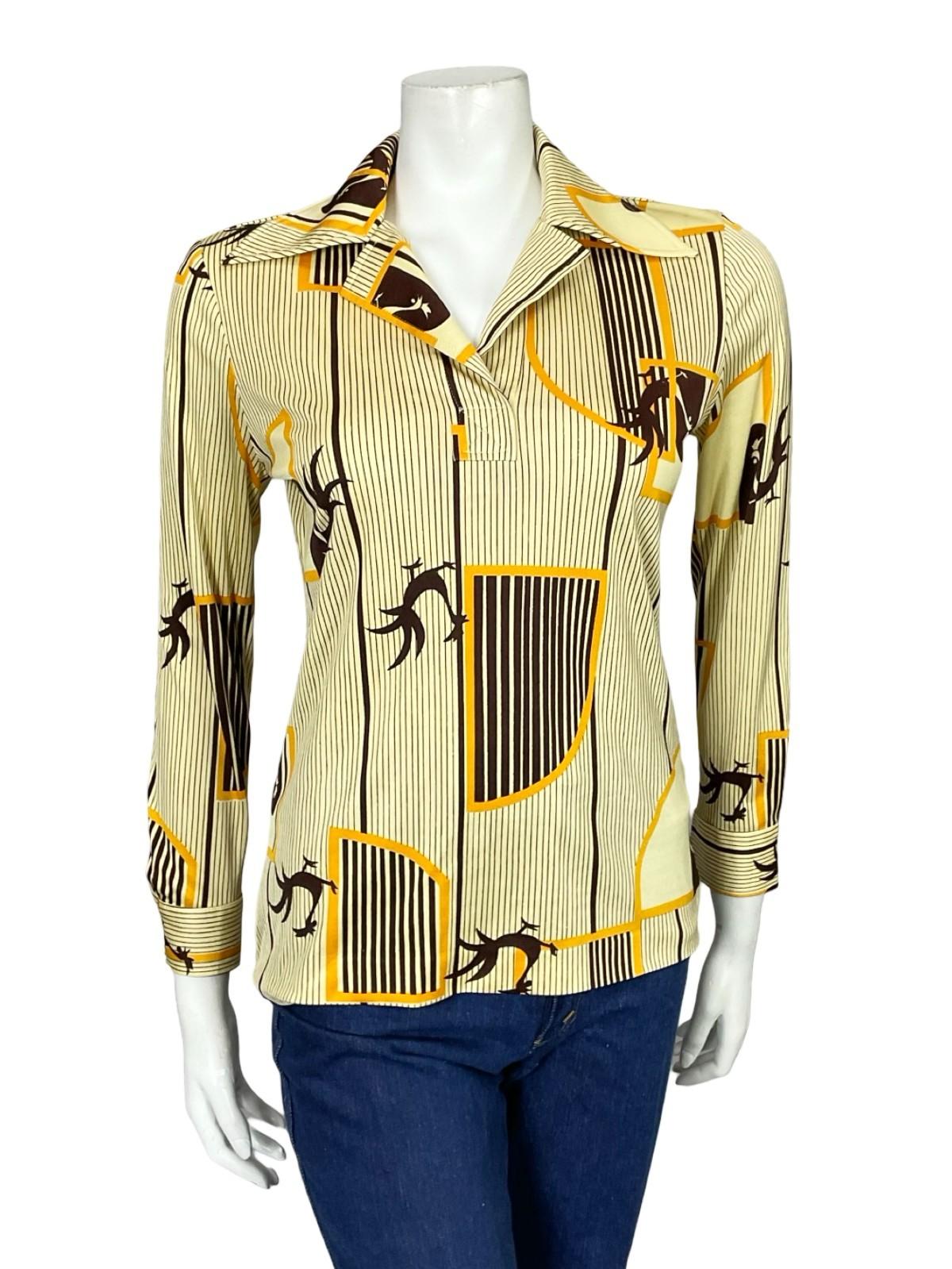 VTG 60S 70S JAPANESE YELLOW BROWN GEOMETRIC STRIPED ROOSTER DAGGER SHIRT 10
