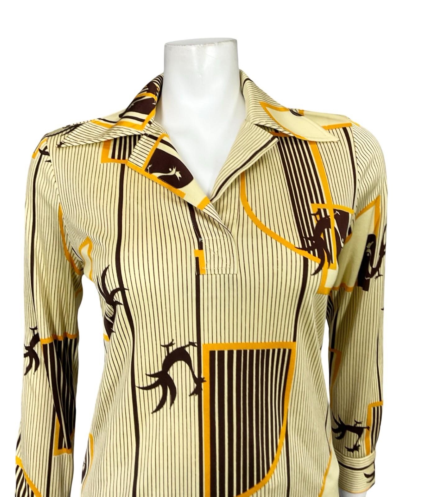 VTG 60S 70S JAPANESE YELLOW BROWN GEOMETRIC STRIPED ROOSTER DAGGER SHIRT 10
