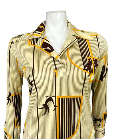 VTG 60S 70S JAPANESE YELLOW BROWN GEOMETRIC STRIPED ROOSTER DAGGER SHIRT 10