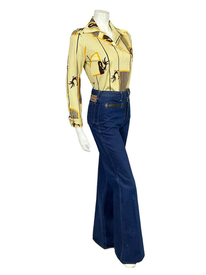 VTG 60S 70S JAPANESE YELLOW BROWN GEOMETRIC STRIPED ROOSTER DAGGER SHIRT 10