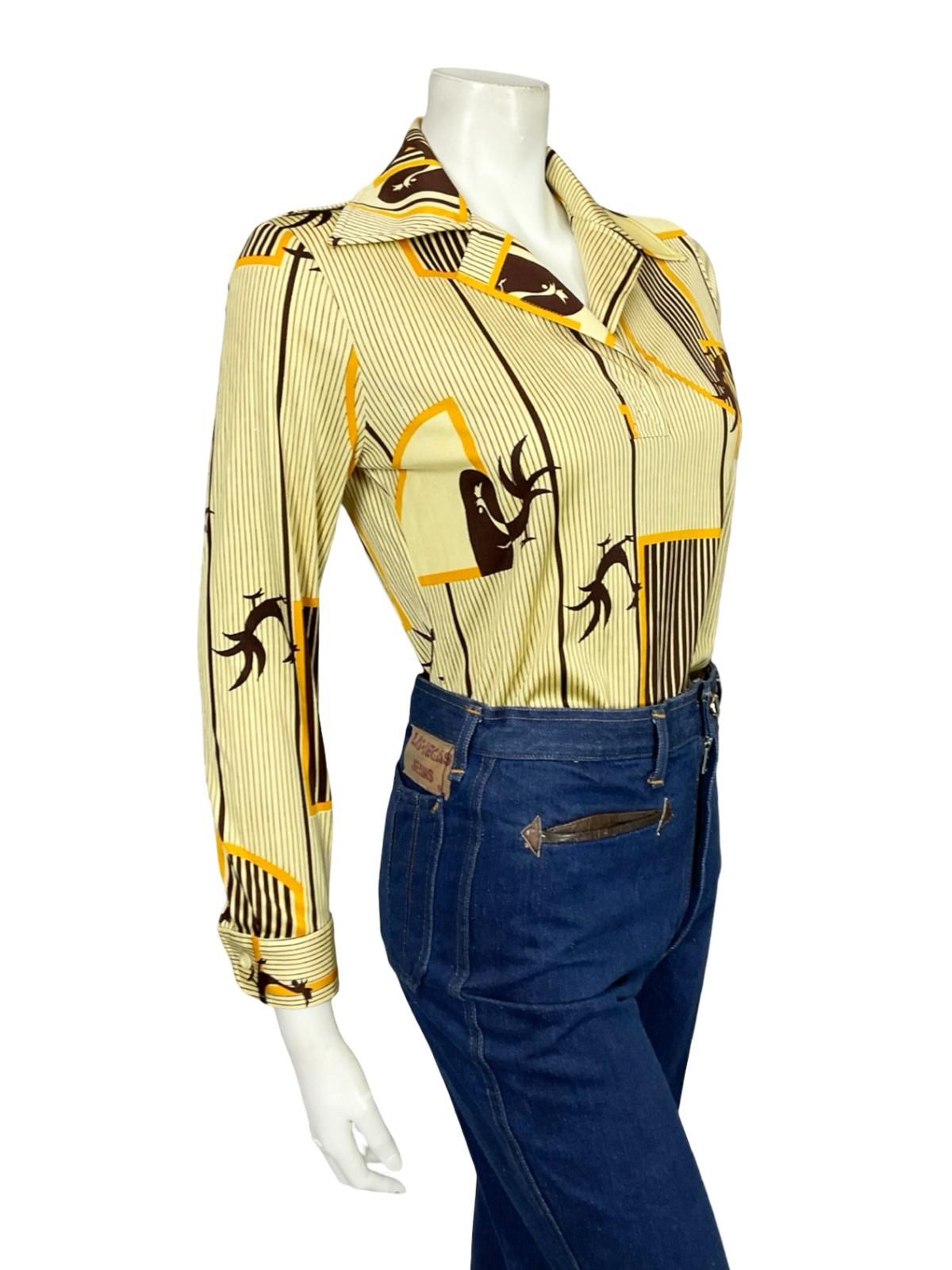 VTG 60S 70S JAPANESE YELLOW BROWN GEOMETRIC STRIPED ROOSTER DAGGER SHIRT 10