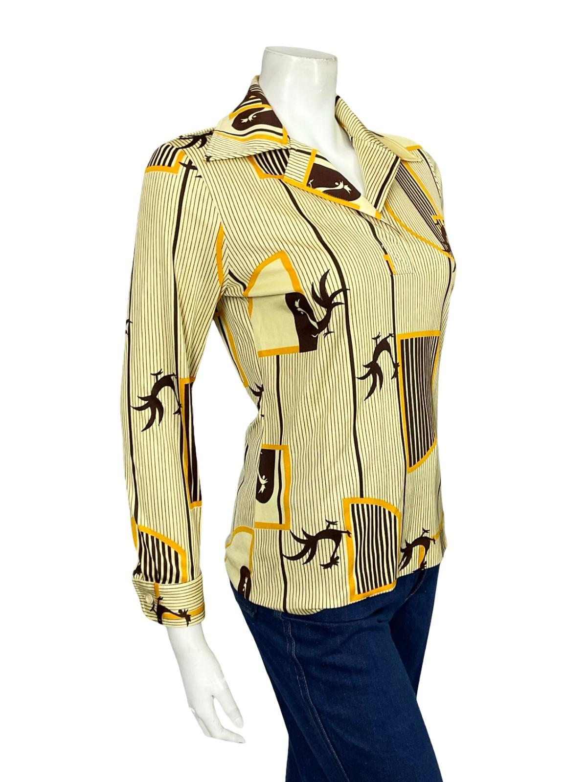 VTG 60S 70S JAPANESE YELLOW BROWN GEOMETRIC STRIPED ROOSTER DAGGER SHIRT 10