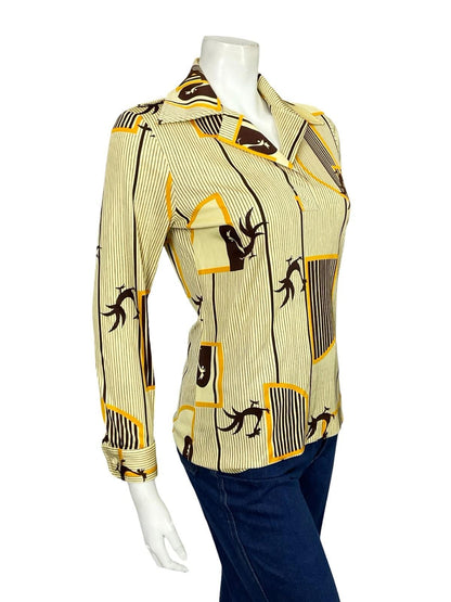 VTG 60S 70S JAPANESE YELLOW BROWN GEOMETRIC STRIPED ROOSTER DAGGER SHIRT 10