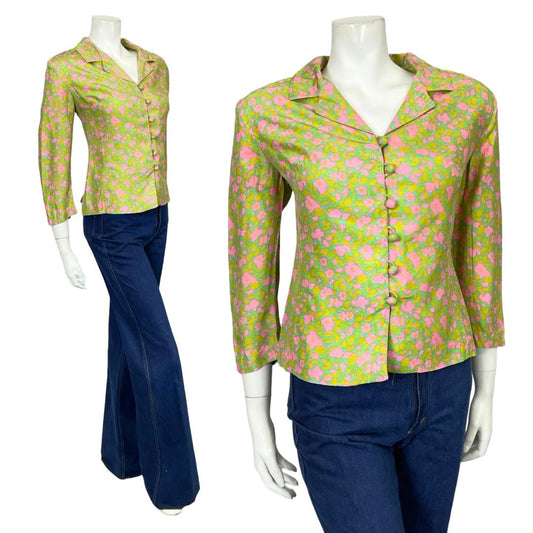 VTG 60S 70S GREEN PINK ABSTRACT FLORAL 3/4 SLEEVE CROPPED BLAZER SHIRT 14