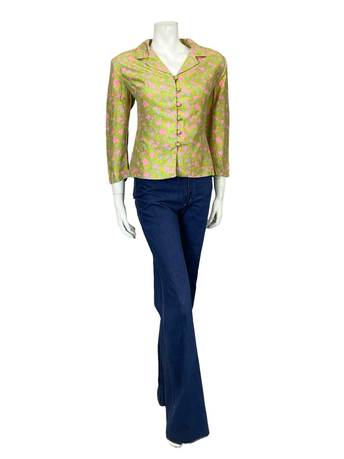 VTG 60S 70S GREEN PINK ABSTRACT FLORAL 3/4 SLEEVE CROPPED BLAZER SHIRT 14