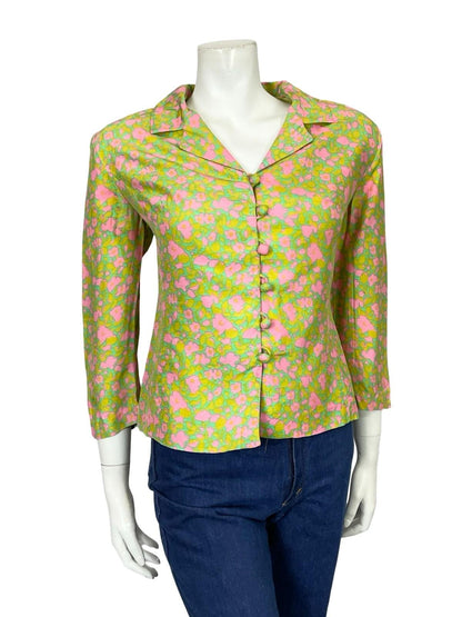 VTG 60S 70S GREEN PINK ABSTRACT FLORAL 3/4 SLEEVE CROPPED BLAZER SHIRT 14