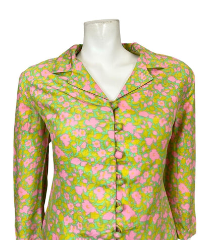 VTG 60S 70S GREEN PINK ABSTRACT FLORAL 3/4 SLEEVE CROPPED BLAZER SHIRT 14