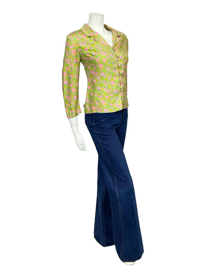 VTG 60S 70S GREEN PINK ABSTRACT FLORAL 3/4 SLEEVE CROPPED BLAZER SHIRT 14