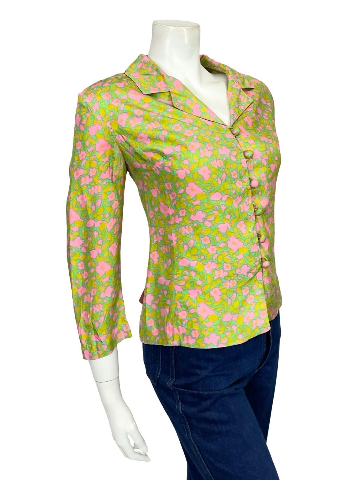 VTG 60S 70S GREEN PINK ABSTRACT FLORAL 3/4 SLEEVE CROPPED BLAZER SHIRT 14