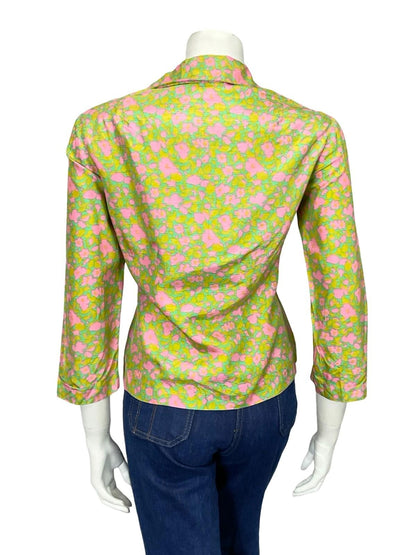 VTG 60S 70S GREEN PINK ABSTRACT FLORAL 3/4 SLEEVE CROPPED BLAZER SHIRT 14