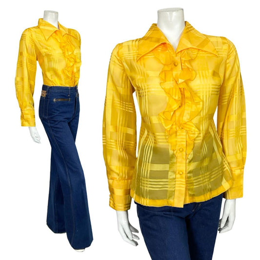 VTG 60S 70S BRIGHT YELLOW DAGGER RUFFLE PLAID MESH ROMANTIC MOD SHIRT 14