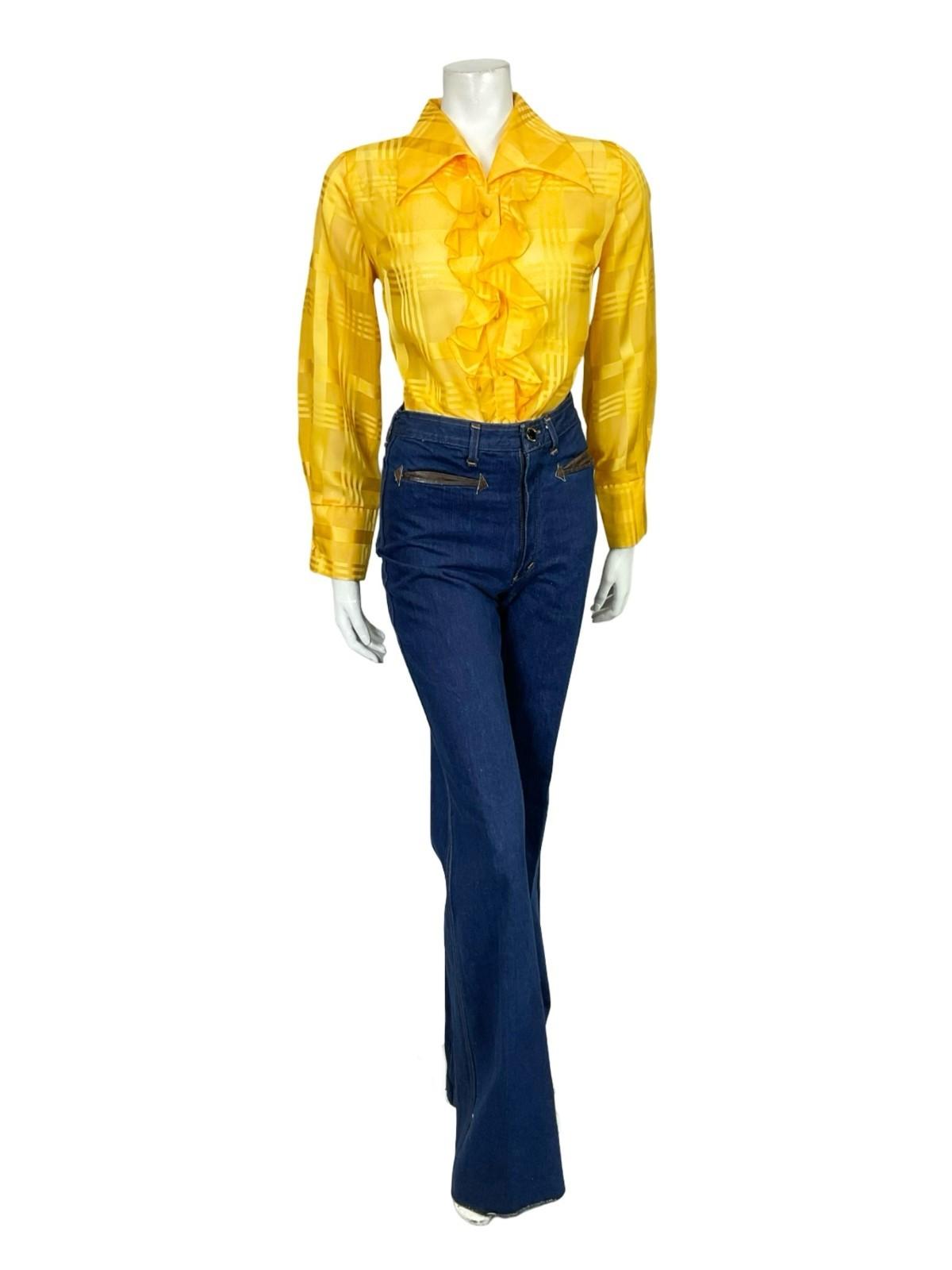 VTG 60S 70S BRIGHT YELLOW DAGGER RUFFLE PLAID MESH ROMANTIC MOD SHIRT 14