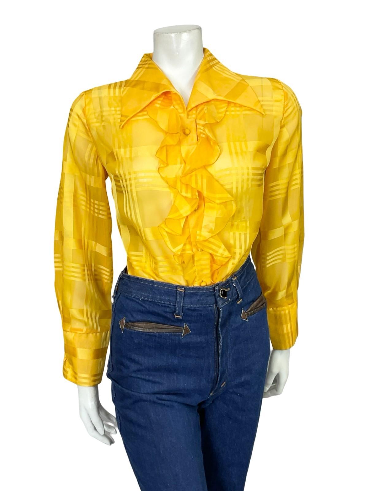 VTG 60S 70S BRIGHT YELLOW DAGGER RUFFLE PLAID MESH ROMANTIC MOD SHIRT 14