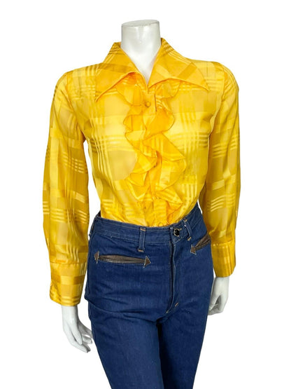 VTG 60S 70S BRIGHT YELLOW DAGGER RUFFLE PLAID MESH ROMANTIC MOD SHIRT 14