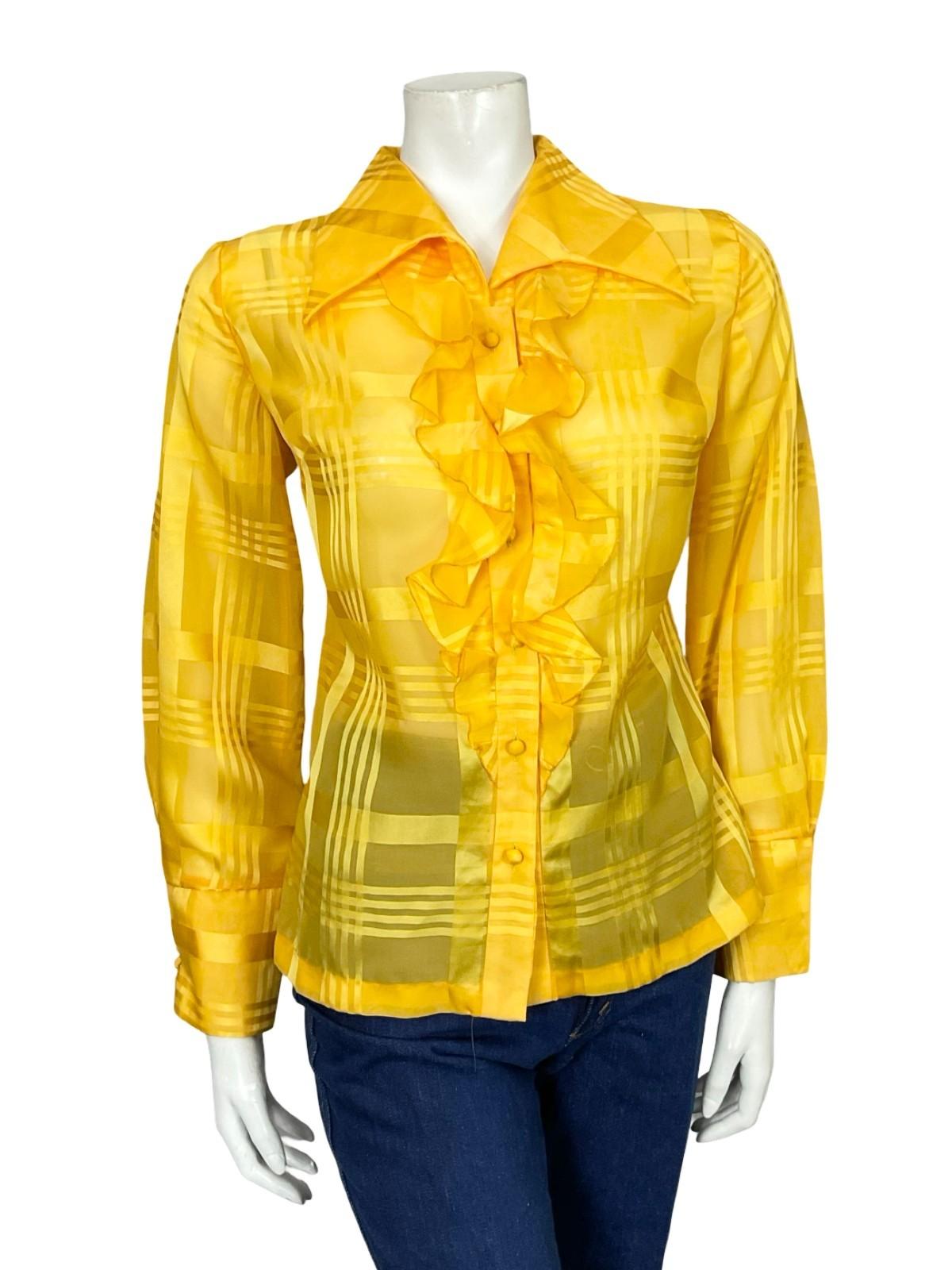 VTG 60S 70S BRIGHT YELLOW DAGGER RUFFLE PLAID MESH ROMANTIC MOD SHIRT 14