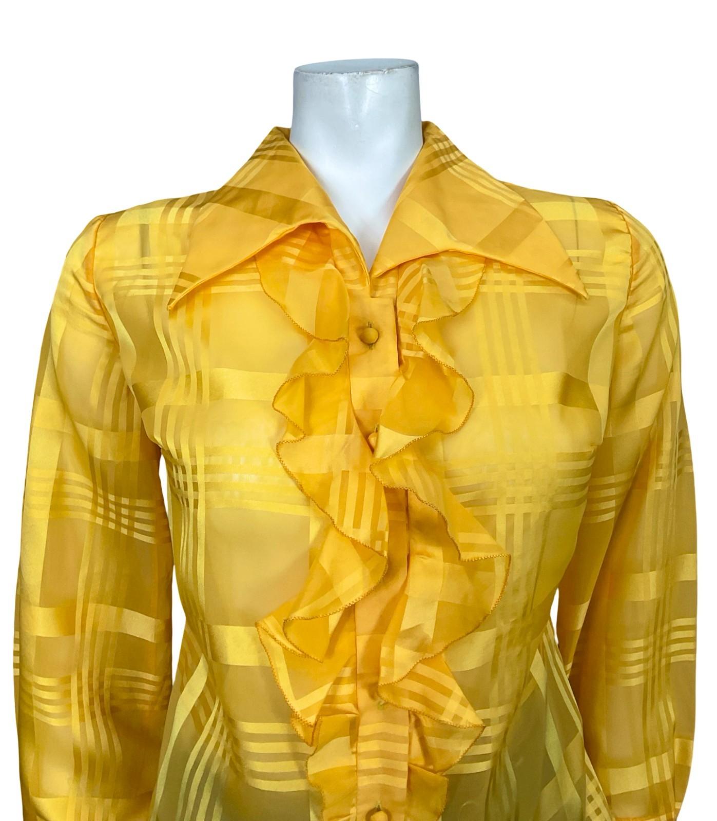VTG 60S 70S BRIGHT YELLOW DAGGER RUFFLE PLAID MESH ROMANTIC MOD SHIRT 14
