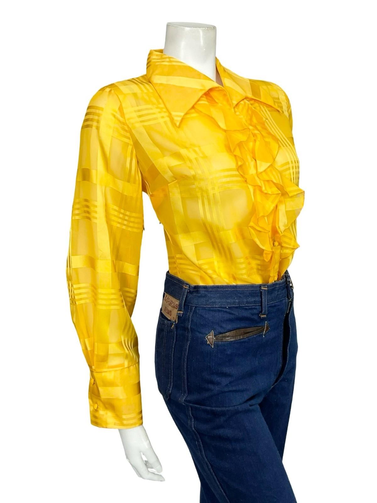 VTG 60S 70S BRIGHT YELLOW DAGGER RUFFLE PLAID MESH ROMANTIC MOD SHIRT 14