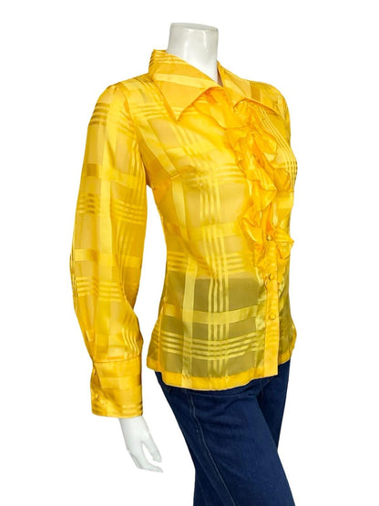 VTG 60S 70S BRIGHT YELLOW DAGGER RUFFLE PLAID MESH ROMANTIC MOD SHIRT 14