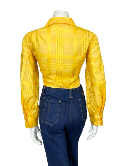 VTG 60S 70S BRIGHT YELLOW DAGGER RUFFLE PLAID MESH ROMANTIC MOD SHIRT 14