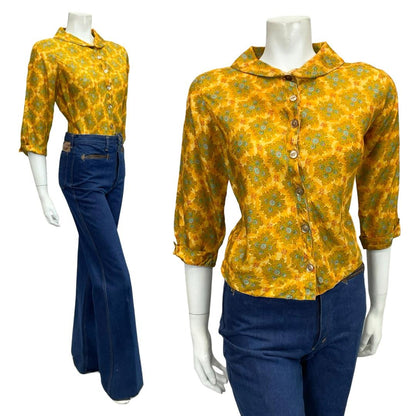 VTG 60S 70S YELLOW GOLD BLUE PSYCHEDELIC MANDALA SAILOR COLLAR CROPPED SHIRT 12