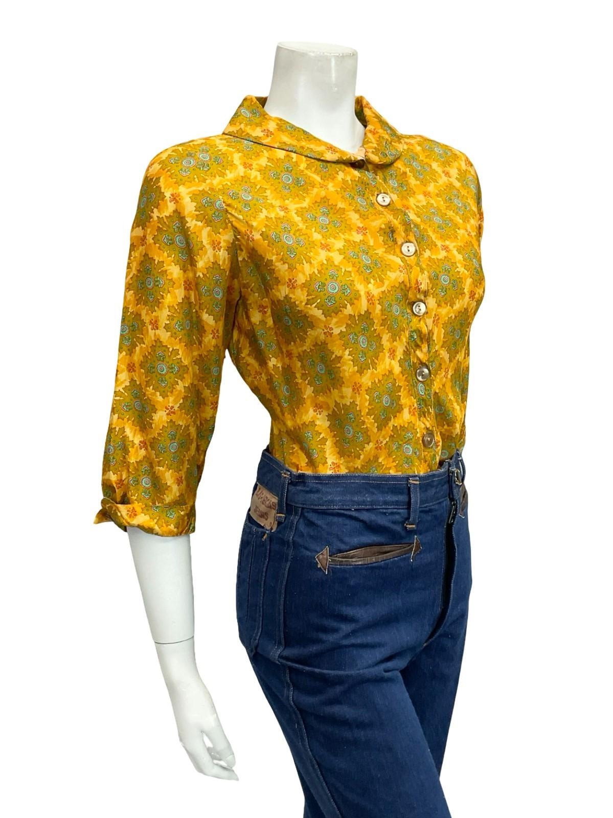 VTG 60S 70S YELLOW GOLD BLUE PSYCHEDELIC MANDALA SAILOR COLLAR CROPPED SHIRT 12