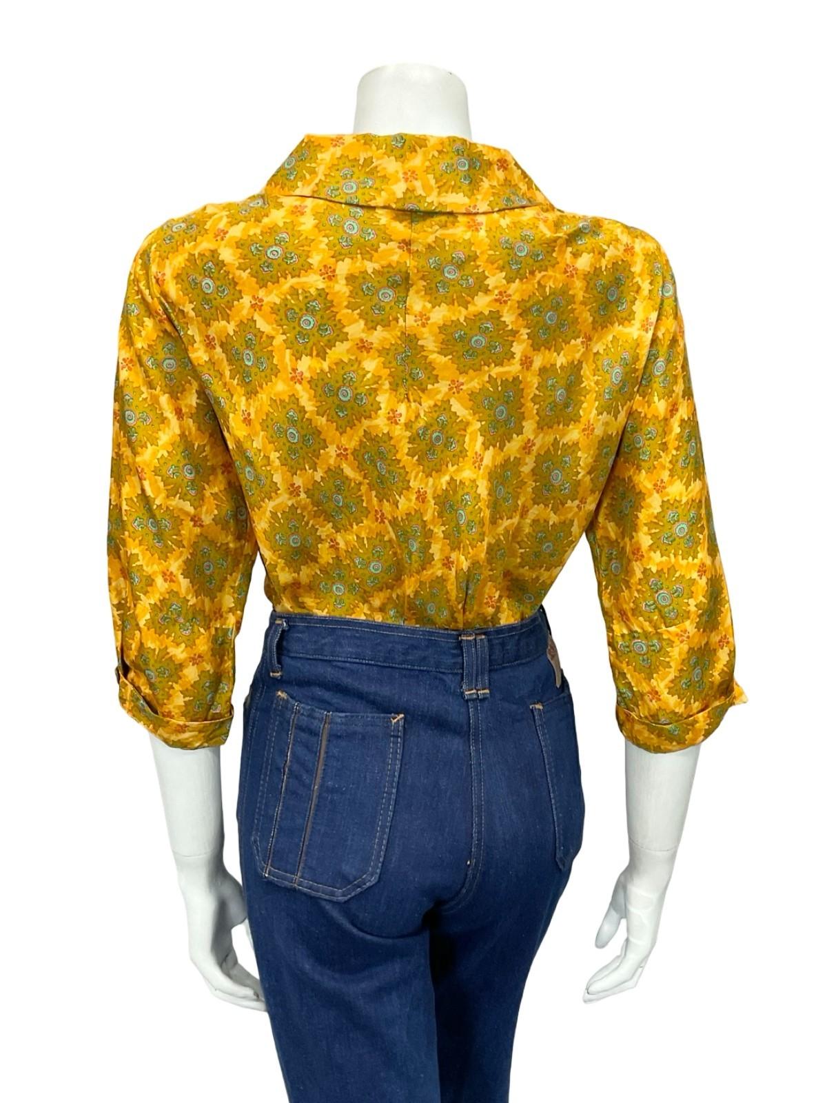 VTG 60S 70S YELLOW GOLD BLUE PSYCHEDELIC MANDALA SAILOR COLLAR CROPPED SHIRT 12