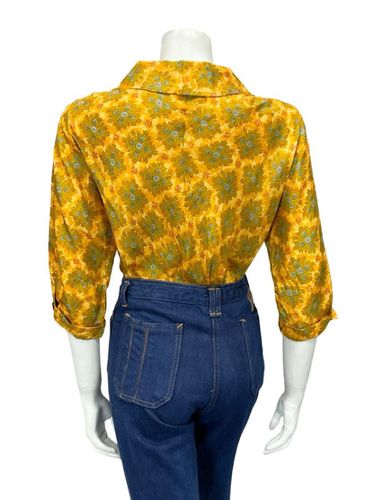 VTG 60S 70S YELLOW GOLD BLUE PSYCHEDELIC MANDALA SAILOR COLLAR CROPPED SHIRT 12