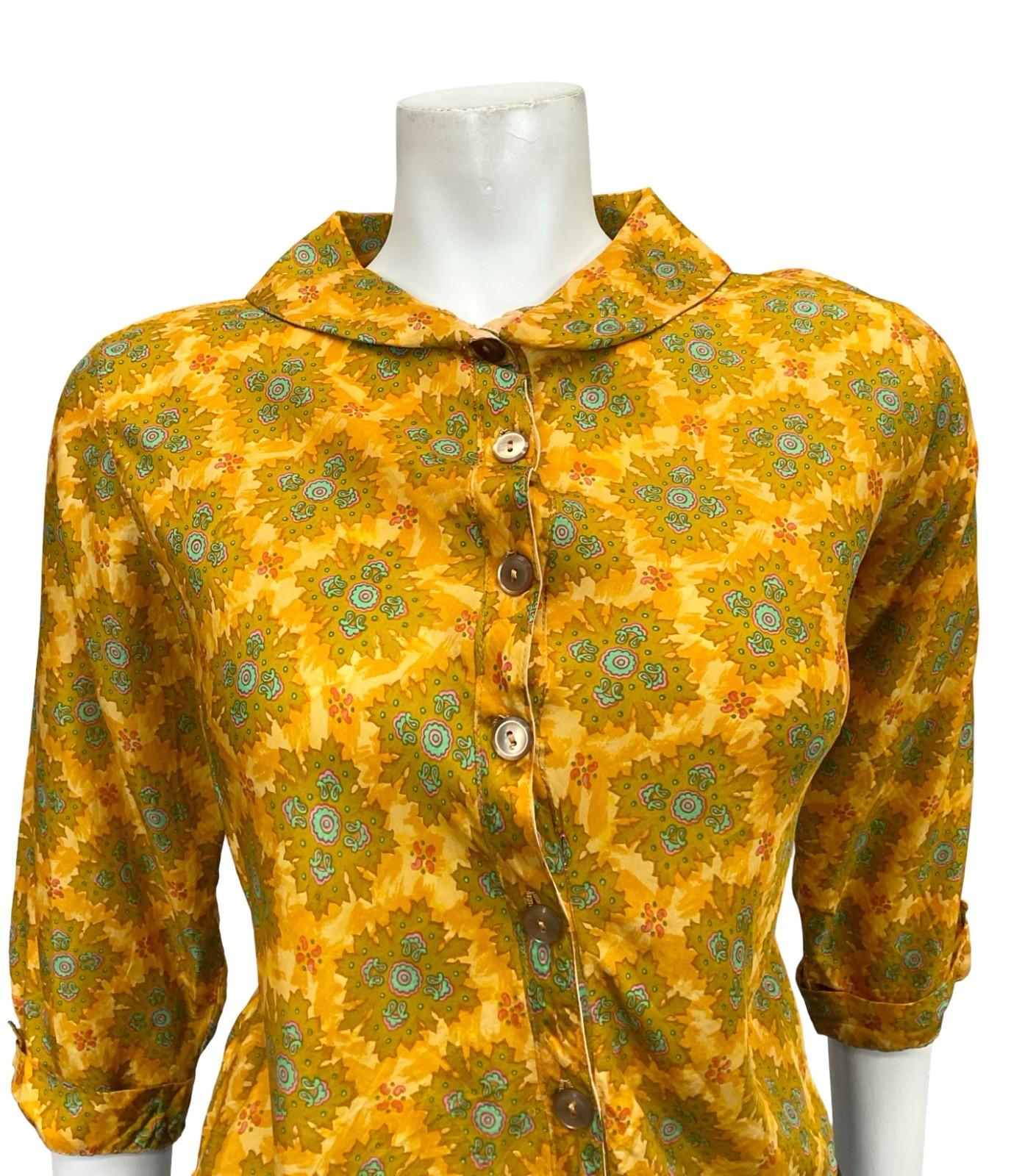 VTG 60S 70S YELLOW GOLD BLUE PSYCHEDELIC MANDALA SAILOR COLLAR CROPPED SHIRT 12