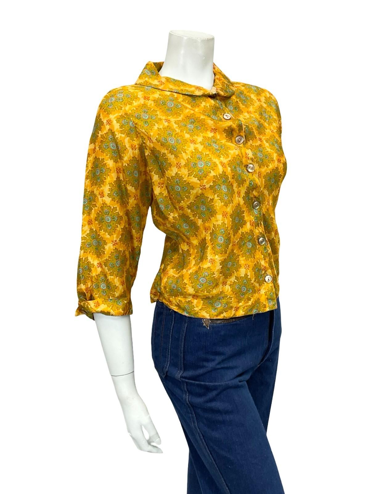 VTG 60S 70S YELLOW GOLD BLUE PSYCHEDELIC MANDALA SAILOR COLLAR CROPPED SHIRT 12