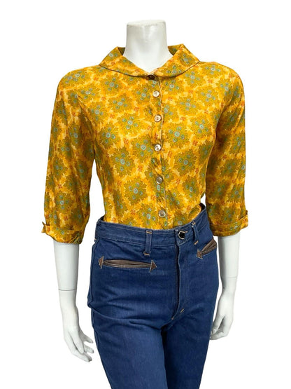 VTG 60S 70S YELLOW GOLD BLUE PSYCHEDELIC MANDALA SAILOR COLLAR CROPPED SHIRT 12