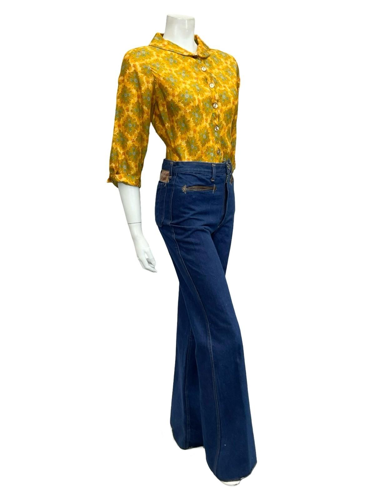 VTG 60S 70S YELLOW GOLD BLUE PSYCHEDELIC MANDALA SAILOR COLLAR CROPPED SHIRT 12