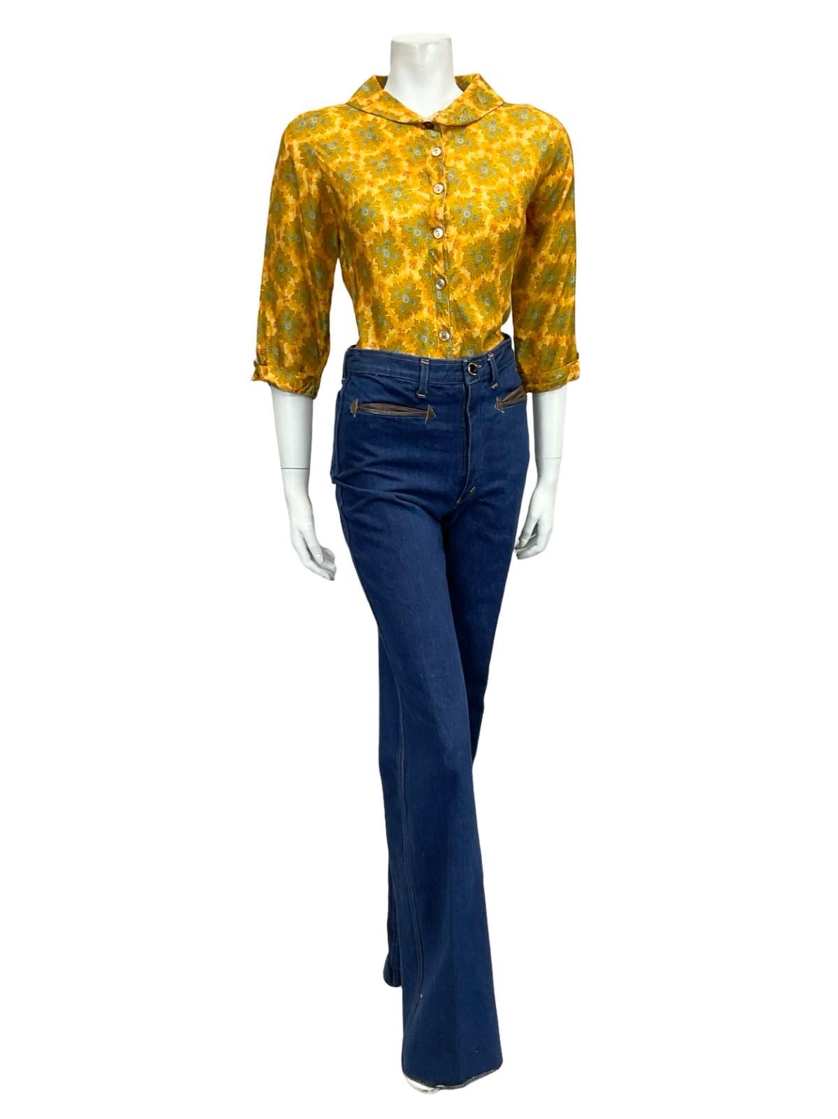 VTG 60S 70S YELLOW GOLD BLUE PSYCHEDELIC MANDALA SAILOR COLLAR CROPPED SHIRT 12