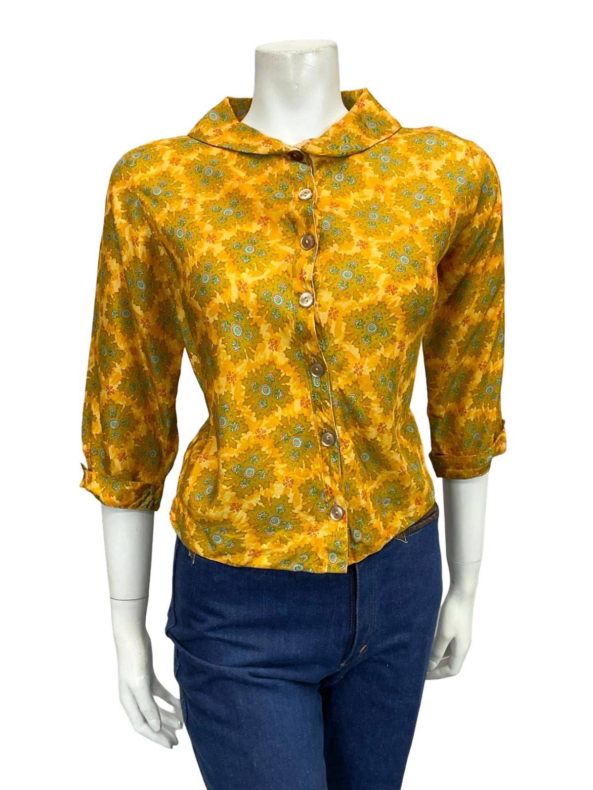 VTG 60S 70S YELLOW GOLD BLUE PSYCHEDELIC MANDALA SAILOR COLLAR CROPPED SHIRT 12